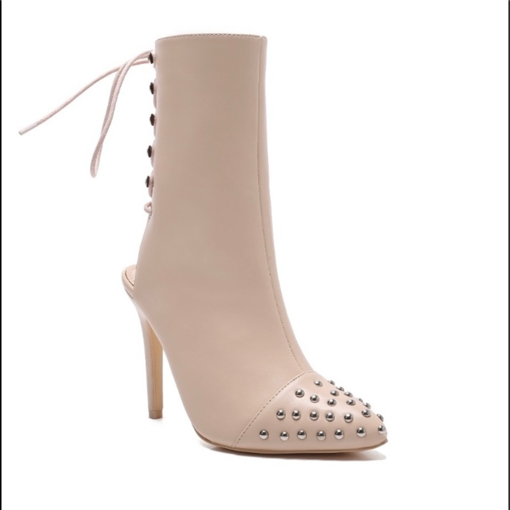 Nude Studded Booties with Lace Open Back Leather boots - Picture 7 of 12